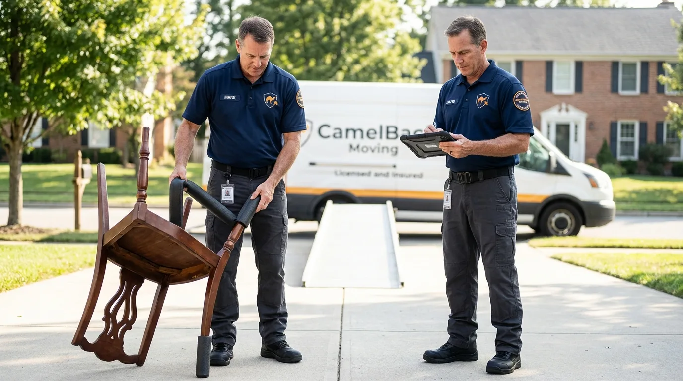 Movers inspecting furniture for damage prevention before loading in Lovejoy, GA