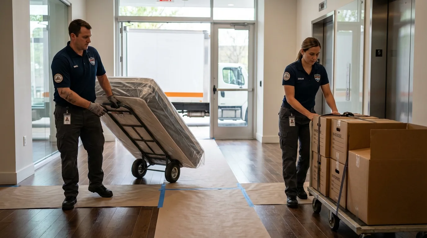 Professional apartment movers loading elevator in Lovejoy, GA