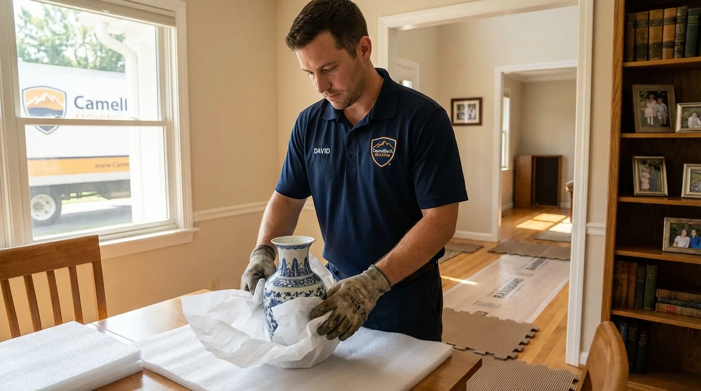 Professional crew carefully wrapping antique vase for senior downsizing move in Lovejoy, GA